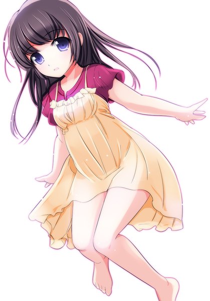 Anime picture 800x1146 with original matsunaga kouyou single long hair tall image looking at viewer blue eyes black hair simple background white background bare legs girl dress