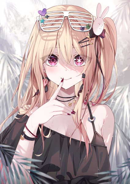 Anime picture 1433x2023 with oshi no ko hoshino ruby pola (1021) single long hair tall image looking at viewer fringe blonde hair smile hair between eyes upper body nail polish pink eyes wet one side up finger to mouth symbol-shaped pupils shaded face glasses on head