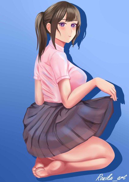 Anime picture 3508x4961 with original ronikx art single long hair tall image blush fringe highres breasts blue eyes light erotic simple background large breasts sitting signed payot looking away absurdres full body ponytail