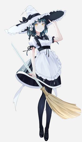 Anime picture 800x1376 with original nabi (uz02) single tall image looking at viewer fringe short hair black hair simple background standing white background holding yellow eyes full body blunt bangs arm up short sleeves adjusting hat witch girl