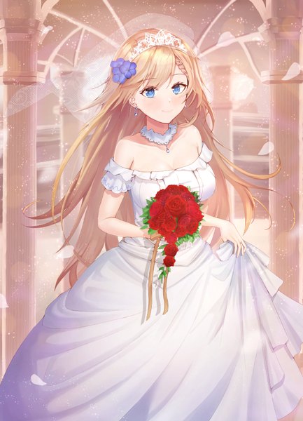 Anime picture 1425x1974 with girls frontline g36 (girls frontline) necoring862 single long hair tall image looking at viewer blush breasts blue eyes blonde hair large breasts standing bare shoulders holding indoors braid (braids) hair flower light smile off shoulder
