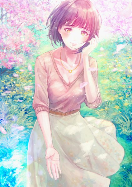 Anime picture 3541x5016 with idolmaster idolmaster cinderella girls takafuji kako peppe single tall image looking at viewer blush fringe highres short hair breasts smile brown hair standing yellow eyes absurdres cleavage outdoors blunt bangs