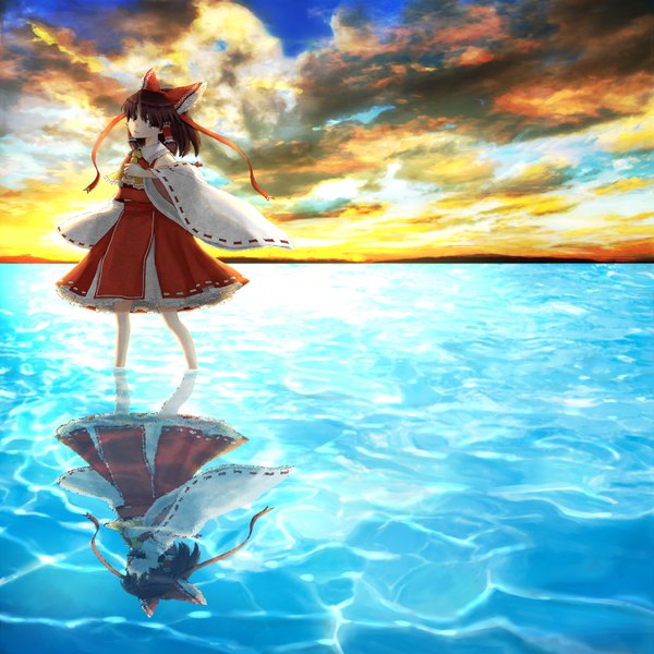 Anime picture 1600x1600 with touhou hakurei reimu arioto single long hair fringe open mouth smile brown hair standing sky cloud (clouds) long sleeves japanese clothes profile evening reflection sunset miko girl