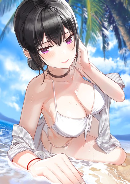 Anime picture 884x1250 with original kfr single tall image looking at viewer blush fringe short hair breasts light erotic black hair hair between eyes large breasts purple eyes payot sky cloud (clouds) bent knee (knees) outdoors head tilt