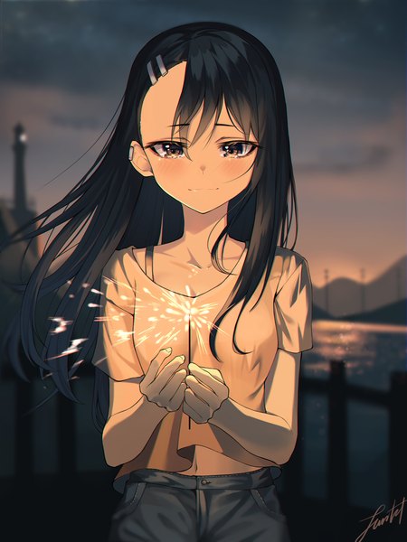 Anime picture 1500x2000 with ijiranaide nagatoro-san nagatoro hayase junkt729 single long hair tall image looking at viewer blush fringe black hair smile hair between eyes standing holding brown eyes signed sky cloud (clouds) upper body blurry