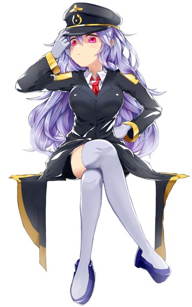 Anime picture 1500x2393 with monster strike yamato (muchuu paradigm) single long hair tall image looking at viewer blush breasts simple background large breasts white background sitting payot purple hair full body bent knee (knees) long sleeves head tilt pink eyes zettai ryouiki