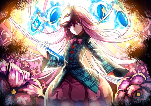 Anime picture 2500x1767 with touhou hata no kokoro uu uu zan single long hair looking at viewer highres pink hair pink eyes glowing mask on head girl flower (flowers) shirt mask checkered shirt