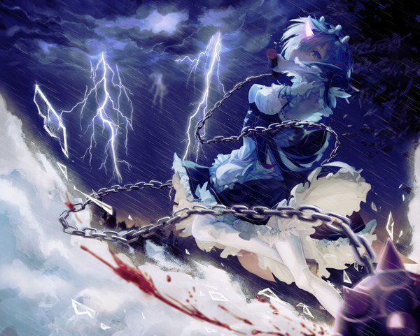 Anime picture 3335x2674 with re:zero kara hajimeru isekai seikatsu white fox rem (re:zero) seezisong single looking at viewer fringe highres short hair breasts blue eyes holding blue hair absurdres cloud (clouds) full body outdoors horn (horns) hair over one eye night