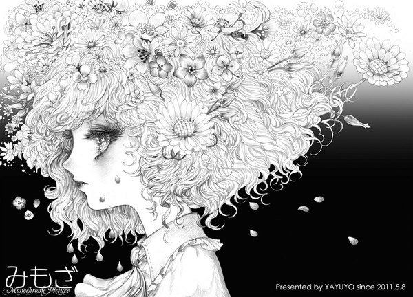 Anime picture 1110x800 with touhou kazami yuuka takatora single profile hair flower monochrome portrait face girl hair ornament flower (flowers) petals ascot sunflower tulip
