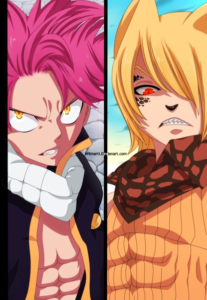 Anime picture 1300x1879 with fairy tail natsu dragneel jackal wilmarti tall image fringe short hair blonde hair red eyes yellow eyes pink hair sky cloud (clouds) hair over one eye multiple boys grin coloring facial mark close-up multiview
