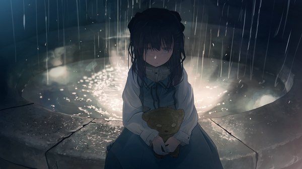 Anime picture 1920x1080 with original banishment single long hair looking at viewer fringe highres blue eyes black hair hair between eyes wide image sitting holding outdoors wallpaper rain girl water toy stuffed animal