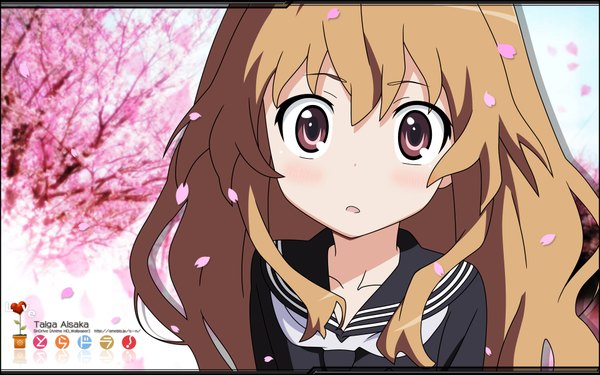 Anime picture 1920x1200 with toradora j.c. staff aisaka taiga single long hair looking at viewer blush highres open mouth blonde hair wide image brown eyes cherry blossoms vector girl petals serafuku
