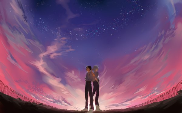 Anime picture 1500x936 with neon genesis evangelion gainax ikari shinji nagisa kaworu xiayu93 short hair black hair wide image standing sky cloud (clouds) grey hair black eyes multiple boys light scenic hands in pockets back to back no face boy