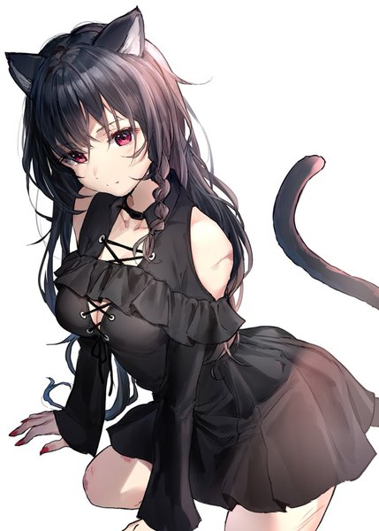 Anime picture 732x1024 with original takeashiro single long hair tall image looking at viewer blush fringe breasts black hair simple background hair between eyes white background bare shoulders animal ears cleavage tail braid (braids) long sleeves nail polish