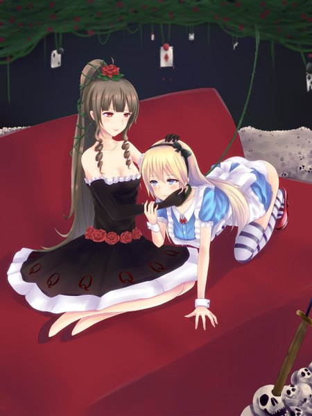 Anime picture 1050x1400 with alice in wonderland alice (alice in wonderland) queen of hearts mijinko (rioriorio) long hair tall image blush blue eyes light erotic black hair blonde hair red eyes multiple girls ponytail hair flower girl thighhighs dress gloves hair ornament
