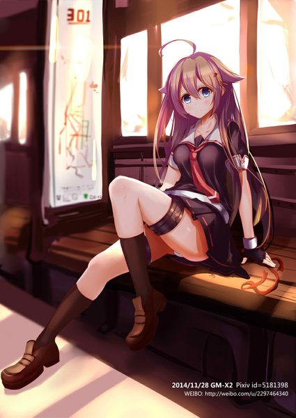 Anime picture 767x1084 with kantai collection shigure destroyer x2 single long hair tall image looking at viewer blush blue eyes light erotic brown hair sitting ahoge bent knee (knees) pleated skirt light smile sunlight arm support shadow girl