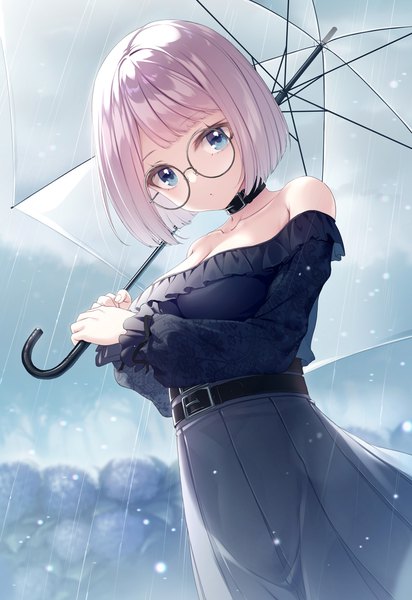 Anime picture 825x1200 with original mac-kine single tall image looking at viewer short hair blue eyes pink hair cleavage outdoors from below rain bob cut transparent umbrella girl skirt flower (flowers) choker glasses belt