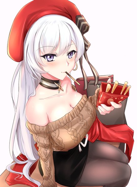 Anime picture 1100x1500 with azur lane belfast (azur lane) belfast (shopping with the head maid) (azur lane) heckler kai single long hair tall image blush breasts light erotic simple background smile large breasts white background sitting purple eyes bare shoulders holding cleavage silver hair