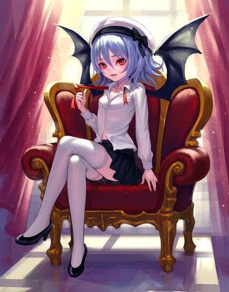 Anime picture 1500x1909 with touhou remilia scarlet fkey single tall image looking at viewer blush fringe short hair open mouth hair between eyes red eyes sitting blue hair full body bent knee (knees) indoors long sleeves parted lips pleated skirt