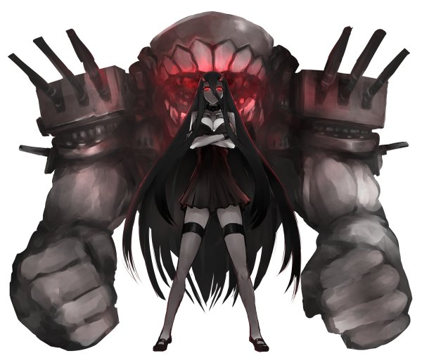 Anime picture 1200x1019 with kantai collection battleship-symbiotic hime gomasionori looking at viewer breasts black hair hair between eyes red eyes standing bare shoulders cleavage very long hair horn (horns) crossed arms oni horns shinkaisei-kan girl thighhighs dress shoes