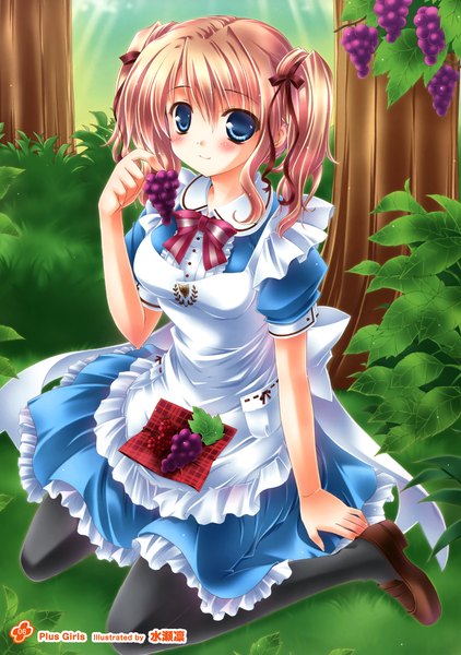 Anime picture 2534x3600 with girls, girls, girls! 11 (artbook) minase lin single tall image looking at viewer blush highres short hair blue eyes brown hair sitting twintails light smile scan official art girl dress ribbon (ribbons) plant (plants) hair ribbon