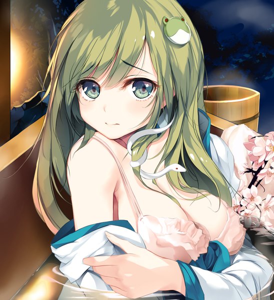 Anime picture 3201x3500 with touhou kochiya sanae eien no juu nana-sa single long hair tall image fringe highres breasts light erotic hair between eyes large breasts green eyes looking away absurdres upper body outdoors traditional clothes japanese clothes green hair