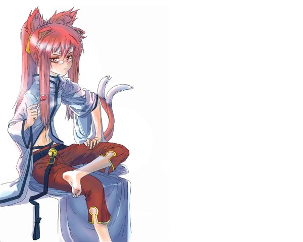 Anime picture 1280x1024 with blazblue kokonoe long hair looking at viewer simple background white background sitting brown eyes animal ears pink hair animal tail barefoot cat ears cat girl cat tail legs girl navel glasses belt