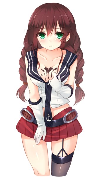 Anime picture 762x1339 with kantai collection noshiro light cruiser miko (royal milk) single long hair tall image looking at viewer blush simple background brown hair white background green eyes cleavage braid (braids) valentine girl thighhighs skirt gloves necktie