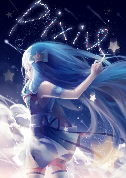 Anime picture 848x1200 with original pixiv filiananna single long hair tall image fringe standing bare shoulders holding blue hair looking away cloud (clouds) profile wind inscription night night sky meteor rain girl
