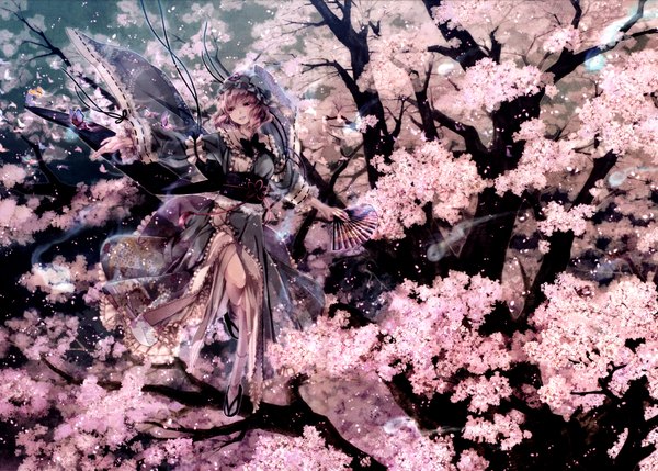 Anime picture 9755x6986 with touhou saigyouji yuyuko miyuki ruria single highres short hair smile absurdres long sleeves traditional clothes pink eyes grey hair cherry blossoms girl dress plant (plants) petals tree (trees) socks frills