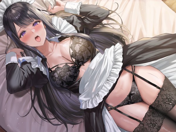 Anime picture 4000x3000 with original sakamuke single long hair looking at viewer blush fringe highres breasts open mouth light erotic black hair large breasts purple eyes absurdres indoors lying blunt bangs long sleeves from above