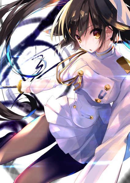 Anime picture 717x1012 with azur lane takao (azur lane) nekoboshi sakko single long hair tall image looking at viewer fringe breasts open mouth black hair simple background hair between eyes white background holding brown eyes ponytail floating hair outstretched arm girl