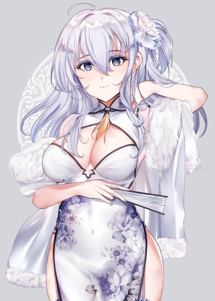 Anime picture 1036x1449 with kantai collection suzutsuki (kancolle) kagura miyabi single long hair tall image looking at viewer fringe breasts light erotic simple background hair between eyes large breasts standing holding payot cleavage silver hair ahoge traditional clothes