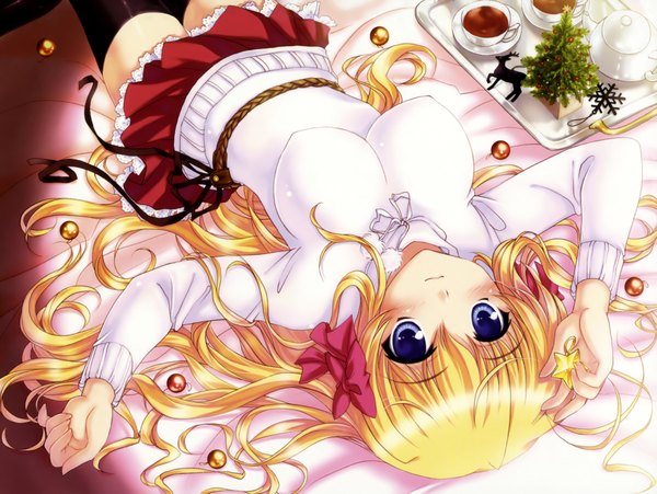 Anime picture 4209x3169 with fortune arterial august soft sendou erika yano takumi single long hair looking at viewer blush highres breasts blue eyes light erotic blonde hair large breasts absurdres lying erect nipples covered nipples christmas girl