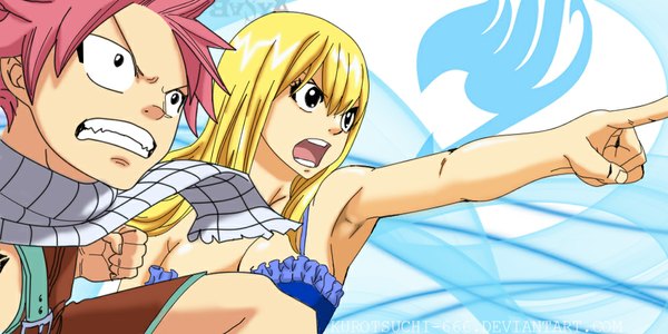 Anime picture 1000x500 with fairy tail lucy heartfilia natsu dragneel kurotsuchi 666 long hair fringe short hair breasts open mouth blonde hair wide image bare shoulders brown eyes pink hair tattoo girl boy shorts scarf