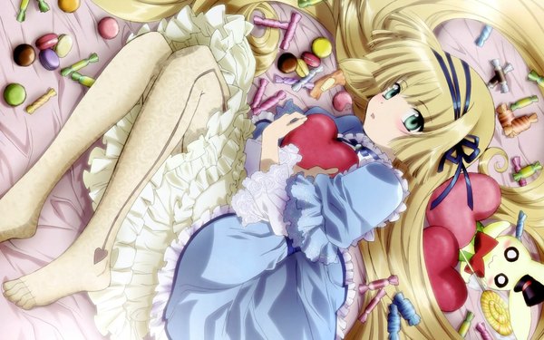 Anime picture 1920x1200 with gosick studio bones victorique de blois long hair highres blonde hair wide image green eyes lying barefoot loli girl dress ribbon (ribbons) hair ribbon food heart sweets