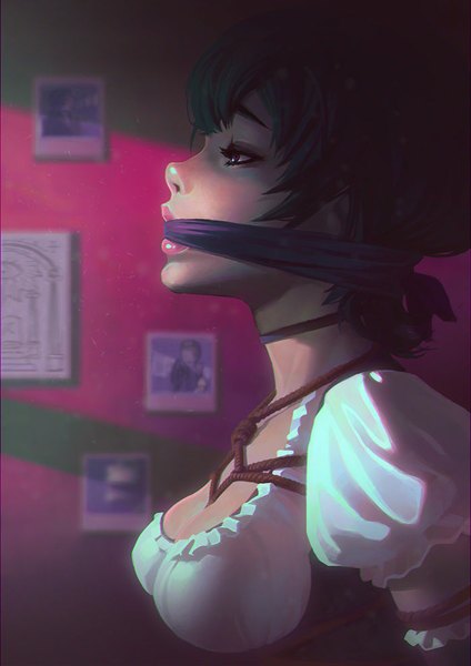 Anime picture 700x990 with ilya kuvshinov single tall image fringe short hair breasts open mouth light erotic black hair looking away indoors profile lips realistic short sleeves puffy sleeves eyeshadow bondage bdsm girl