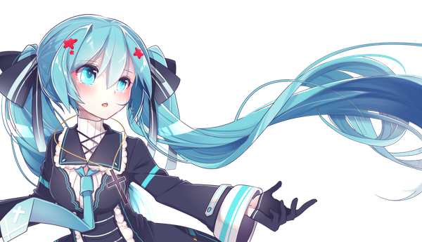 イラスト 1920x1106 と ボーカロイド 初音ミク 中古ｱﾝﾌﾟ* ソロ 赤面 前髪 highres 開いた口 hair between eyes wide image ツインテール payot looking away upper body long sleeves very long hair aqua eyes aqua hair wide sleeves 涙