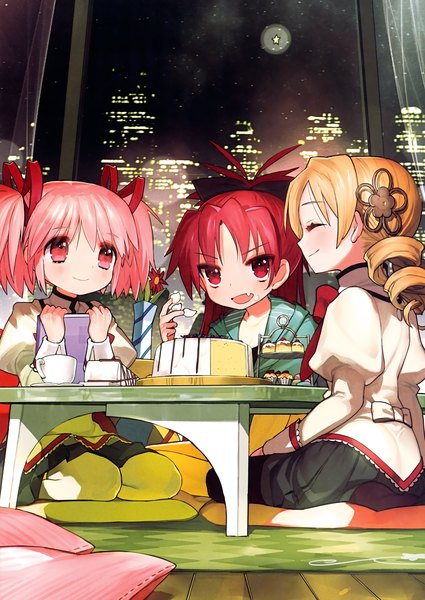 Anime picture 2831x4000 with mahou shoujo madoka magica shaft (studio) kaname madoka sakura kyouko tomoe mami wada arco long hair tall image highres short hair open mouth blonde hair red eyes twintails multiple girls pink hair red hair eyes closed pink eyes scan