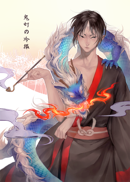 Anime picture 888x1243 with hoozuki no reitetsu wit studio hoozuki (hoozuki no reitetsu) gunni single tall image fringe short hair black hair holding looking away traditional clothes japanese clothes horn (horns) lips pointy ears smoke fantasy serious demon