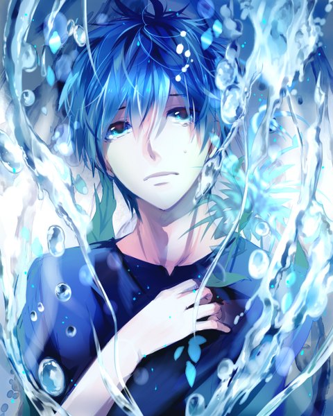 Anime picture 1024x1280 with kuroko no basket production i.g kuroko tetsuya matsunaka hiro single tall image fringe short hair blue eyes blue hair looking up pale skin boy water bubble (bubbles)