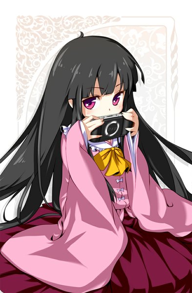 Anime picture 655x1000 with touhou houraisan kaguya hong (white spider) single long hair tall image looking at viewer blush fringe black hair sitting holding pink eyes embarrassed covering girl dress psp