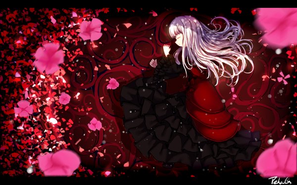 Anime picture 1440x897 with k-project gohands (studio) kushina anna pkq long hair wide image signed silver hair lying profile from above blurry wide sleeves depth of field on side sleeping dress flower (flowers) frills red dress