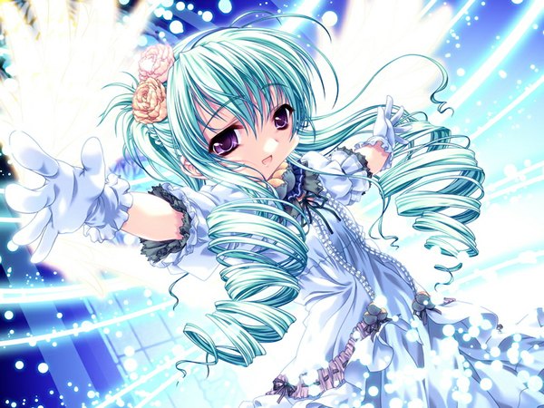 Anime picture 1024x768 with princess bride (game) purple eyes game cg hair flower green hair loli curly hair girl hair ornament