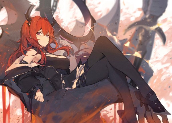 Anime picture 2000x1429 with arknights surtr (arknights) mongarit single long hair looking at viewer fringe highres breasts hair between eyes sitting purple eyes holding cleavage bent knee (knees) red hair horn (horns) blurry off shoulder open jacket