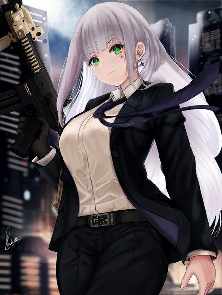 Anime picture 1756x2336 with girls frontline hk416 (girls frontline) piukute062 single long hair tall image looking at viewer blush fringe highres standing holding green eyes signed payot silver hair blunt bangs alternate costume city facial mark