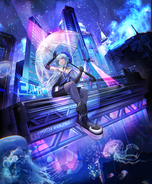 Anime picture 1500x1812 with arknights mizuki (arknights) xxxxmaximum single long hair tall image fringe sitting holding signed blue hair looking away full body bent knee (knees) pink eyes arm up night from below armpit (armpits) night sky