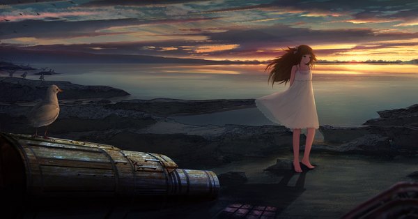 Anime picture 1600x839 with original aya (star) long hair smile brown hair wide image standing bare shoulders green eyes cloud (clouds) barefoot wind sunlight bare legs shadow no shoes beach evening sunset hands behind back