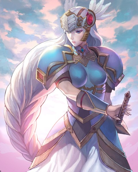Anime picture 1260x1575 with valkyrie profile lenneth teffish single tall image blue eyes sky cloud (clouds) white hair braid (braids) very long hair single braid girl weapon sword armor feather (feathers) helmet