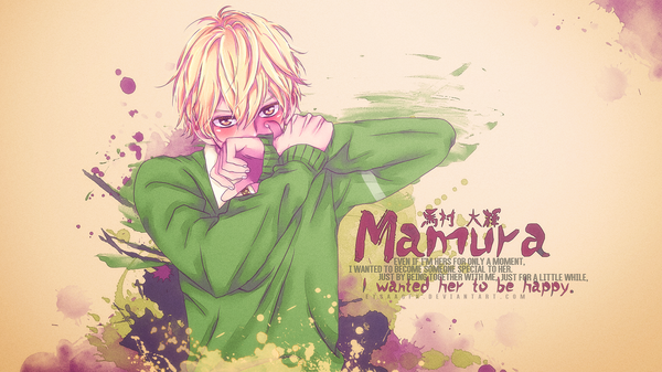 Anime picture 1920x1080 with hirunaka no ryuusei mamura daiki eysaa single blush fringe highres short hair simple background blonde hair hair between eyes wide image yellow eyes embarrassed wallpaper character names text english covered mouth boy